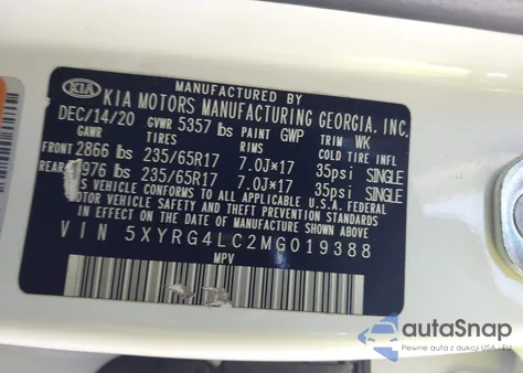 2021 Kia Sorento Lx z USA, uszkodzony, nr VIN 5XYRG4LC2MG019388